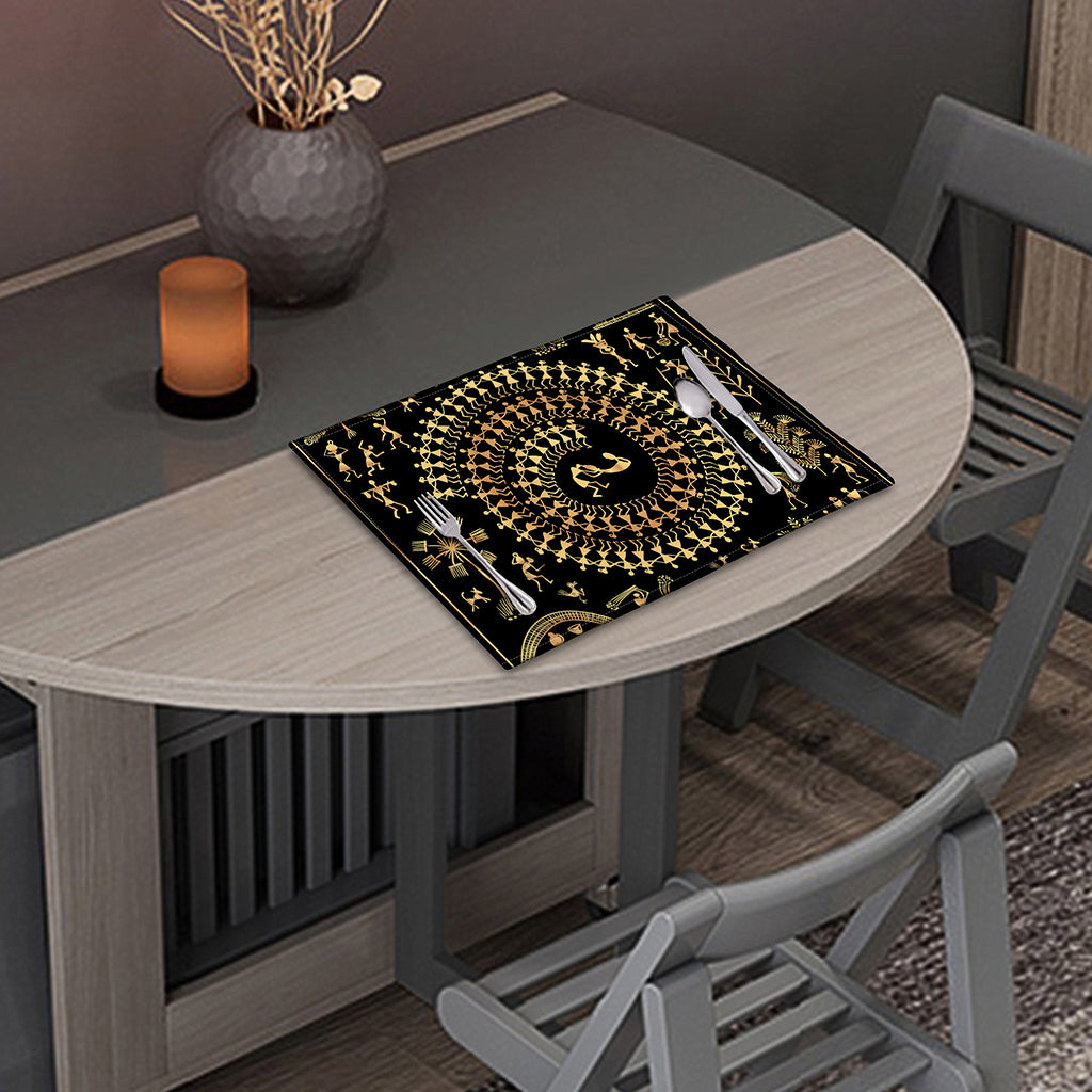 Black And Gold Warli Tribal Print Placemat