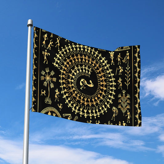 Black And Gold Warli Tribal Print Polyester Flag