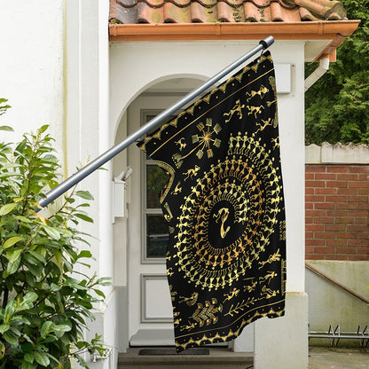 Black And Gold Warli Tribal Print Polyester Flag