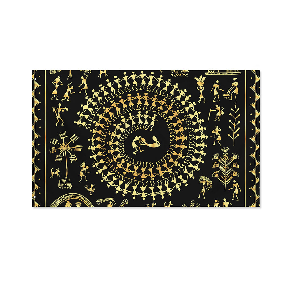 Black And Gold Warli Tribal Print Polyester Flag