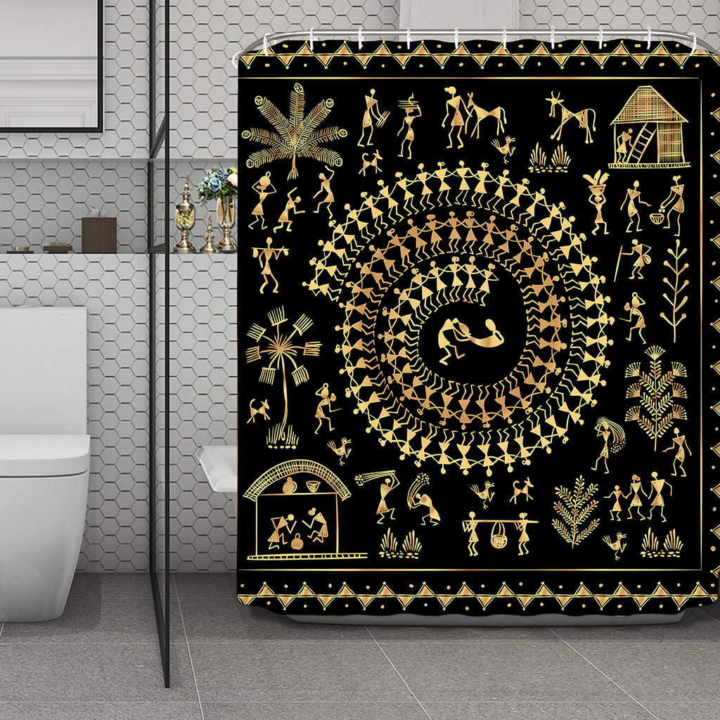 Black And Gold Warli Tribal Print Polyester Shower Curtain