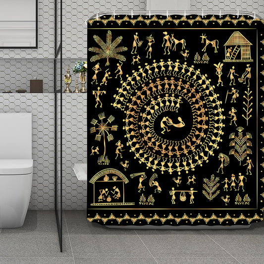 Black And Gold Warli Tribal Print Polyester Shower Curtain