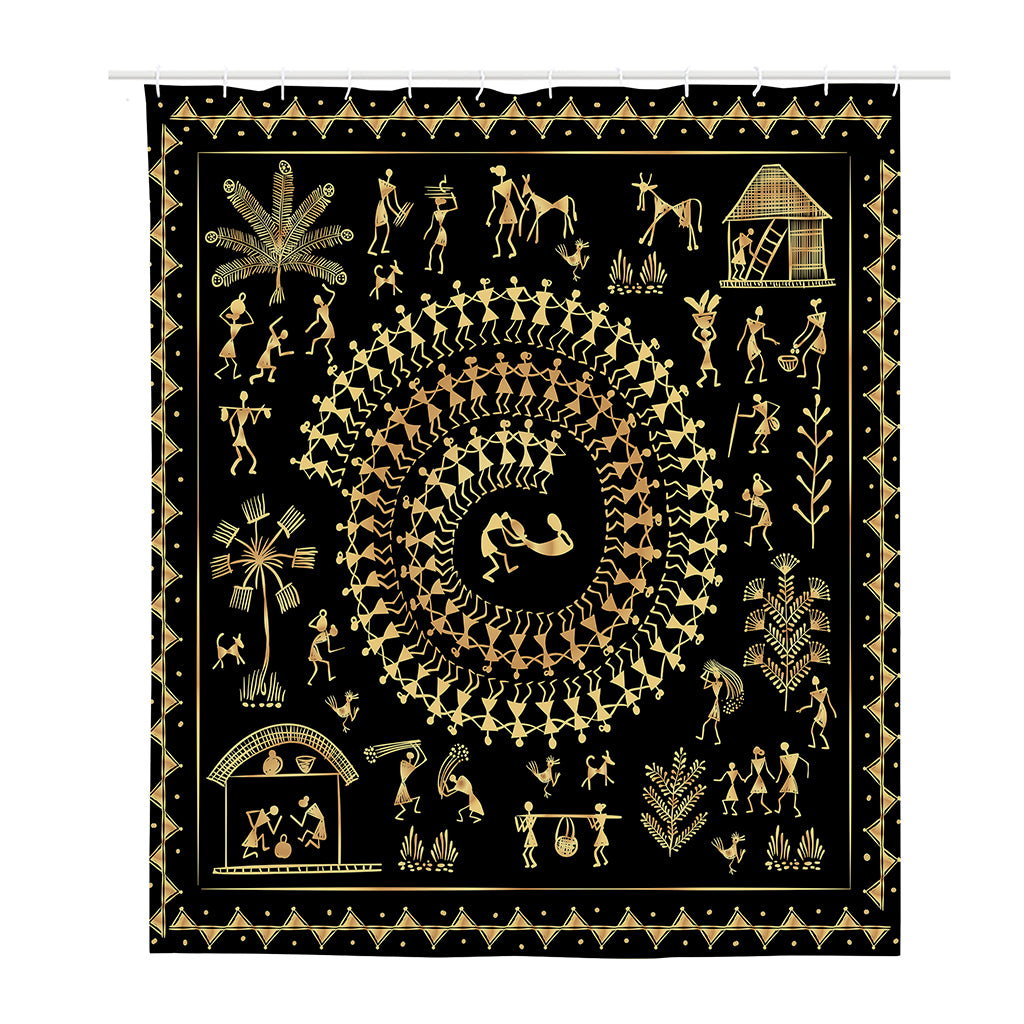 Black And Gold Warli Tribal Print Polyester Shower Curtain