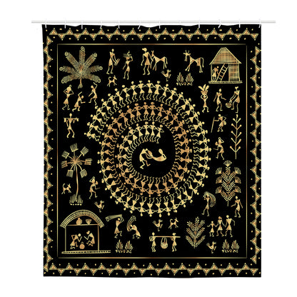 Black And Gold Warli Tribal Print Polyester Shower Curtain