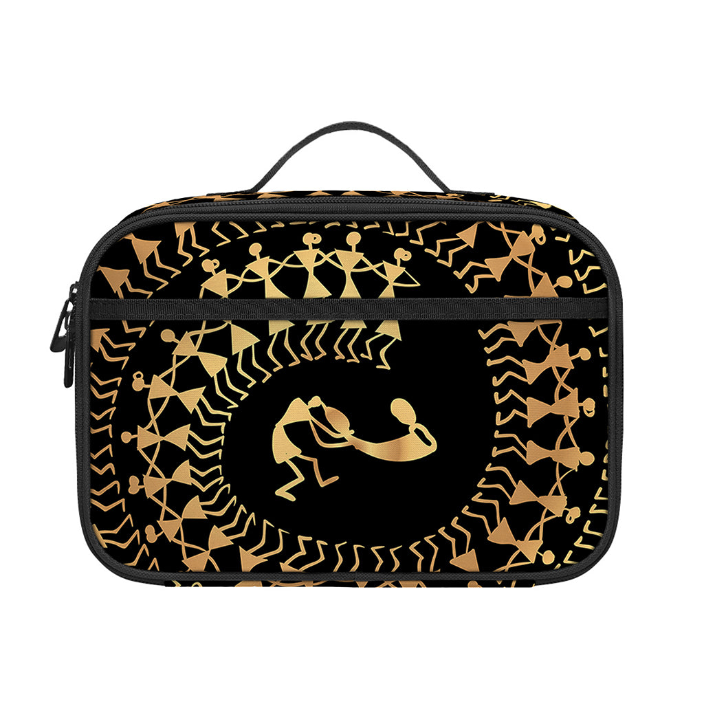 Black And Gold Warli Tribal Print Portable Lunch Bag