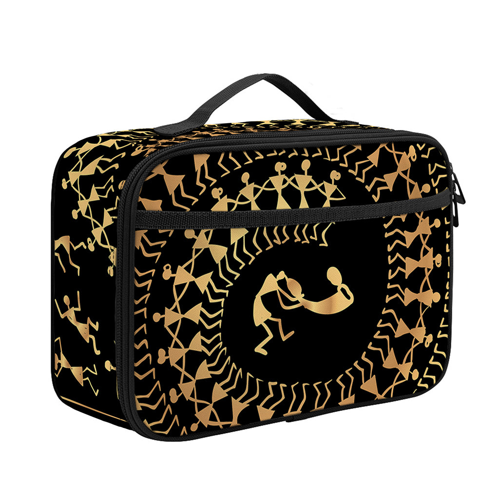 Black And Gold Warli Tribal Print Portable Lunch Bag