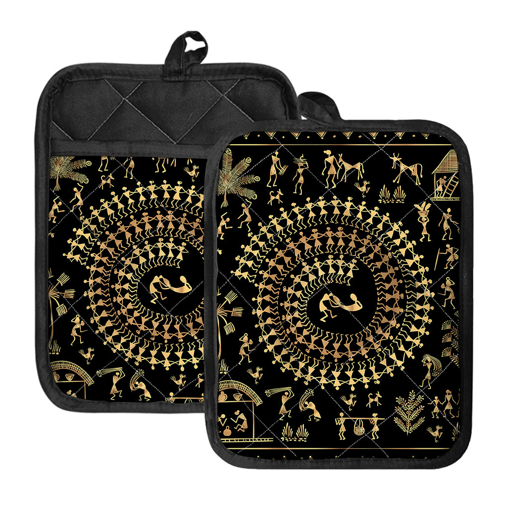 Black And Gold Warli Tribal Print Pot Holders With Pocket