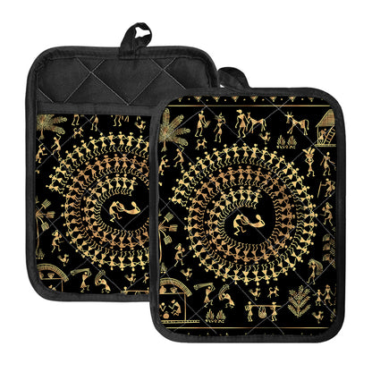 Black And Gold Warli Tribal Print Pot Holders With Pocket