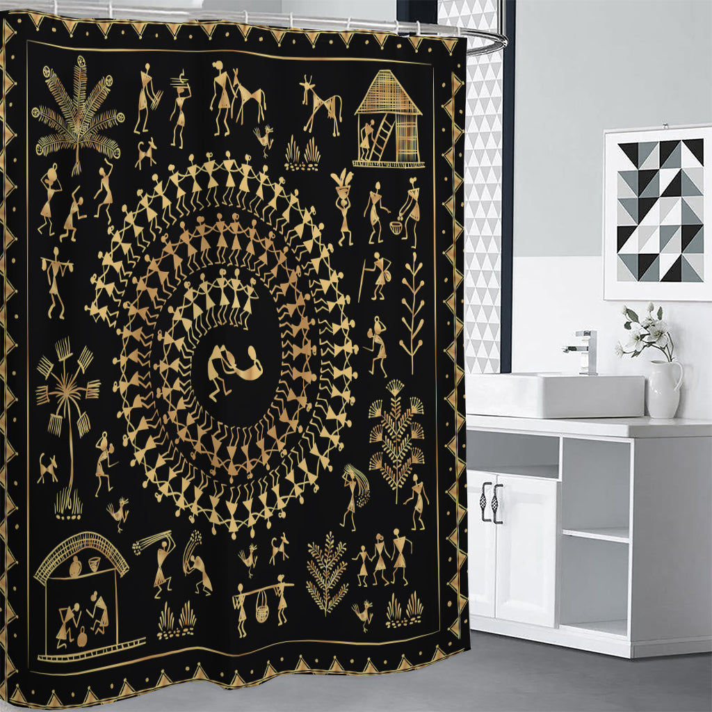 Black And Gold Warli Tribal Print Premium Shower Curtain