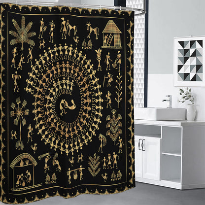 Black And Gold Warli Tribal Print Premium Shower Curtain