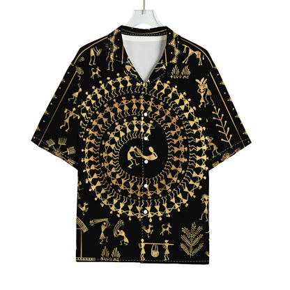 Black And Gold Warli Tribal Print Rayon Hawaiian Shirt
