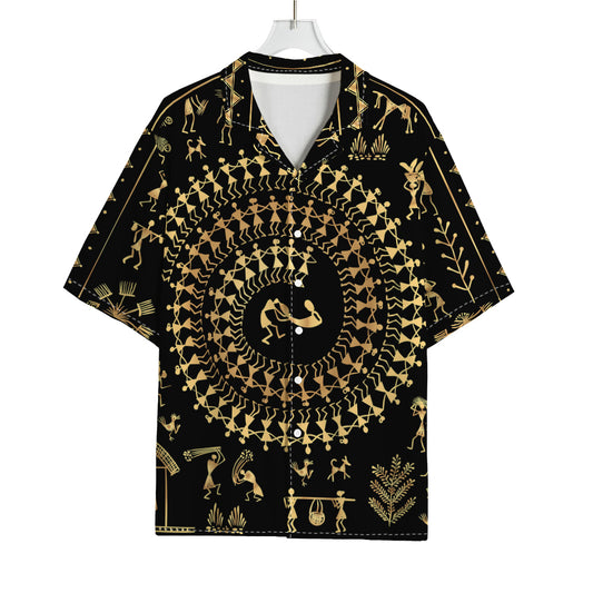 Black And Gold Warli Tribal Print Rayon Hawaiian Shirt
