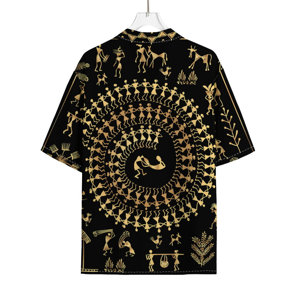 Black And Gold Warli Tribal Print Rayon Hawaiian Shirt