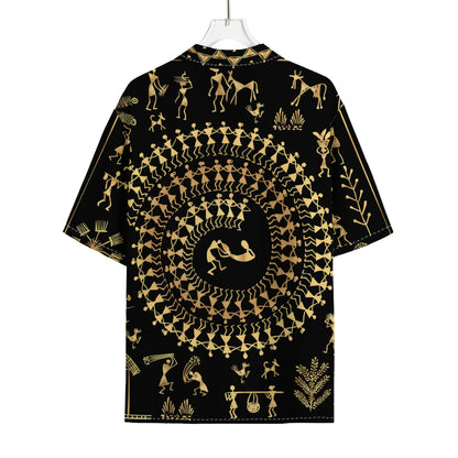 Black And Gold Warli Tribal Print Rayon Hawaiian Shirt
