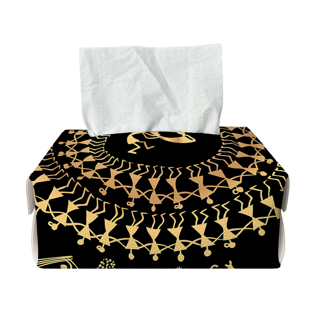 Black And Gold Warli Tribal Print Rectangle Tissue Box Cover