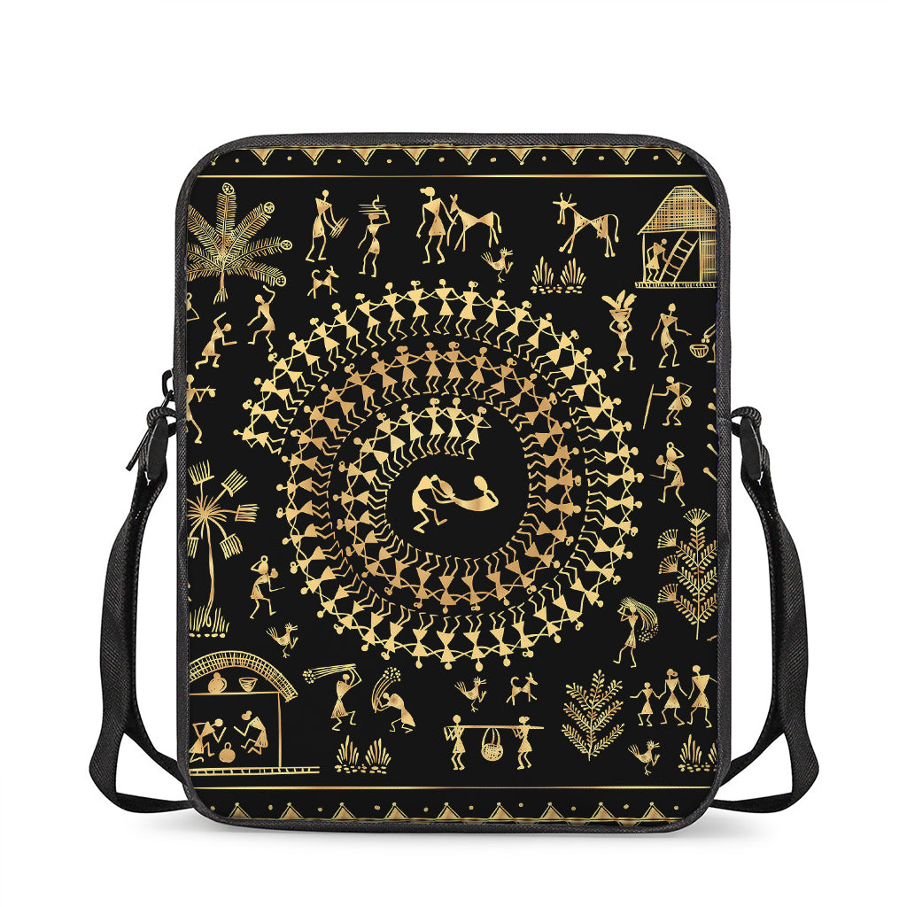 Black And Gold Warli Tribal Print Rectangular Crossbody Bag