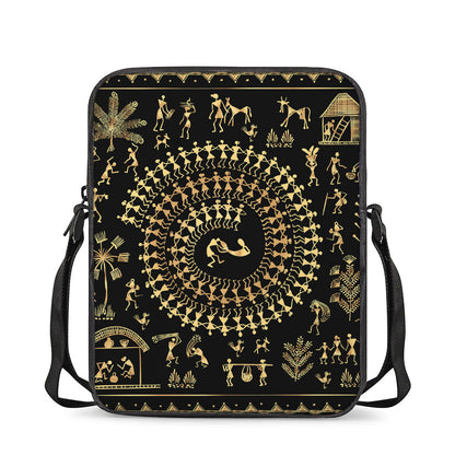 Black And Gold Warli Tribal Print Rectangular Crossbody Bag