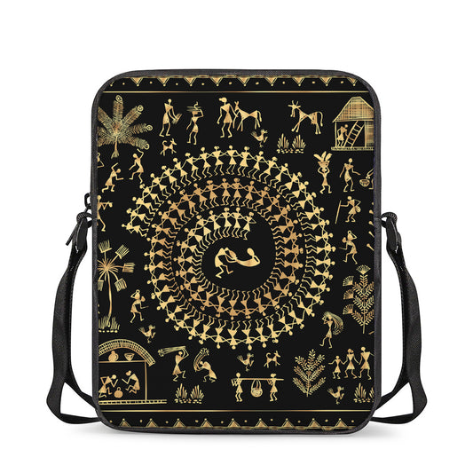 Black And Gold Warli Tribal Print Rectangular Crossbody Bag