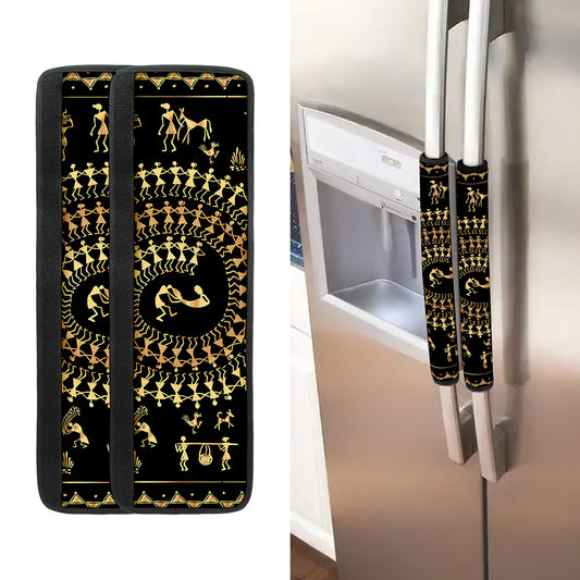 Black And Gold Warli Tribal Print Refrigerator Handle Covers
