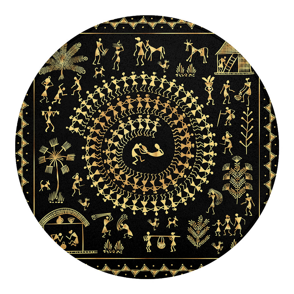 Black And Gold Warli Tribal Print Round Blanket