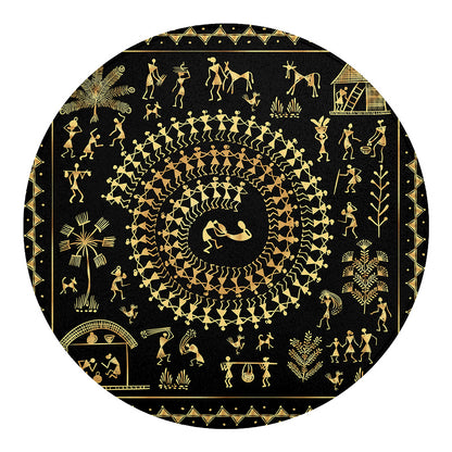 Black And Gold Warli Tribal Print Round Blanket