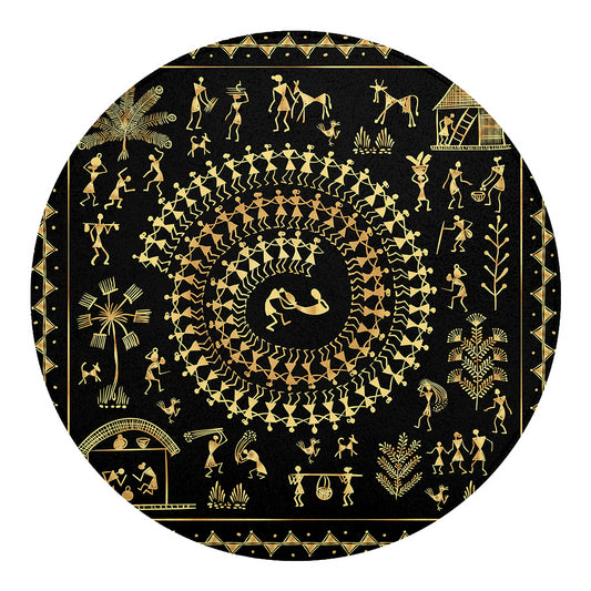Black And Gold Warli Tribal Print Round Blanket