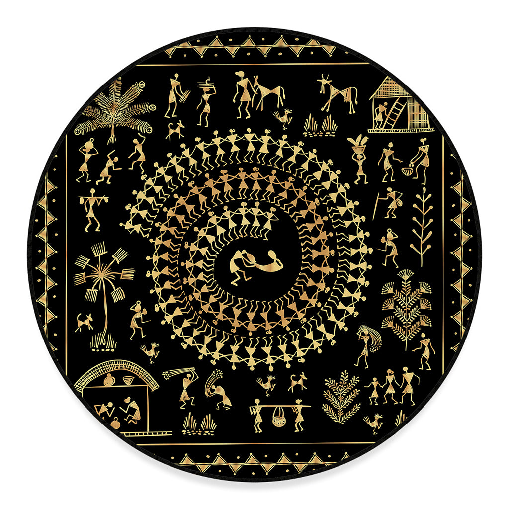 Black And Gold Warli Tribal Print Round Floor Mat
