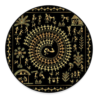 Black And Gold Warli Tribal Print Round Floor Mat