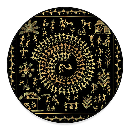 Black And Gold Warli Tribal Print Round Floor Mat