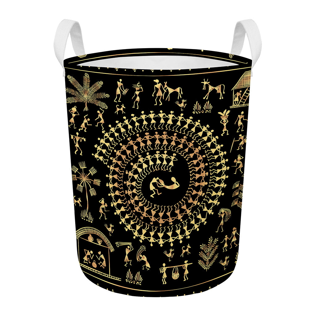 Black And Gold Warli Tribal Print Round Laundry Basket