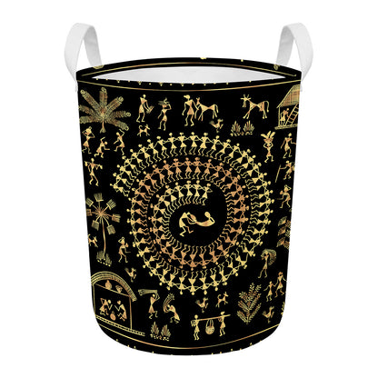 Black And Gold Warli Tribal Print Round Laundry Basket