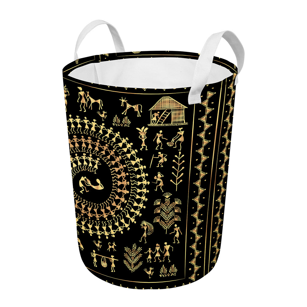 Black And Gold Warli Tribal Print Round Laundry Basket