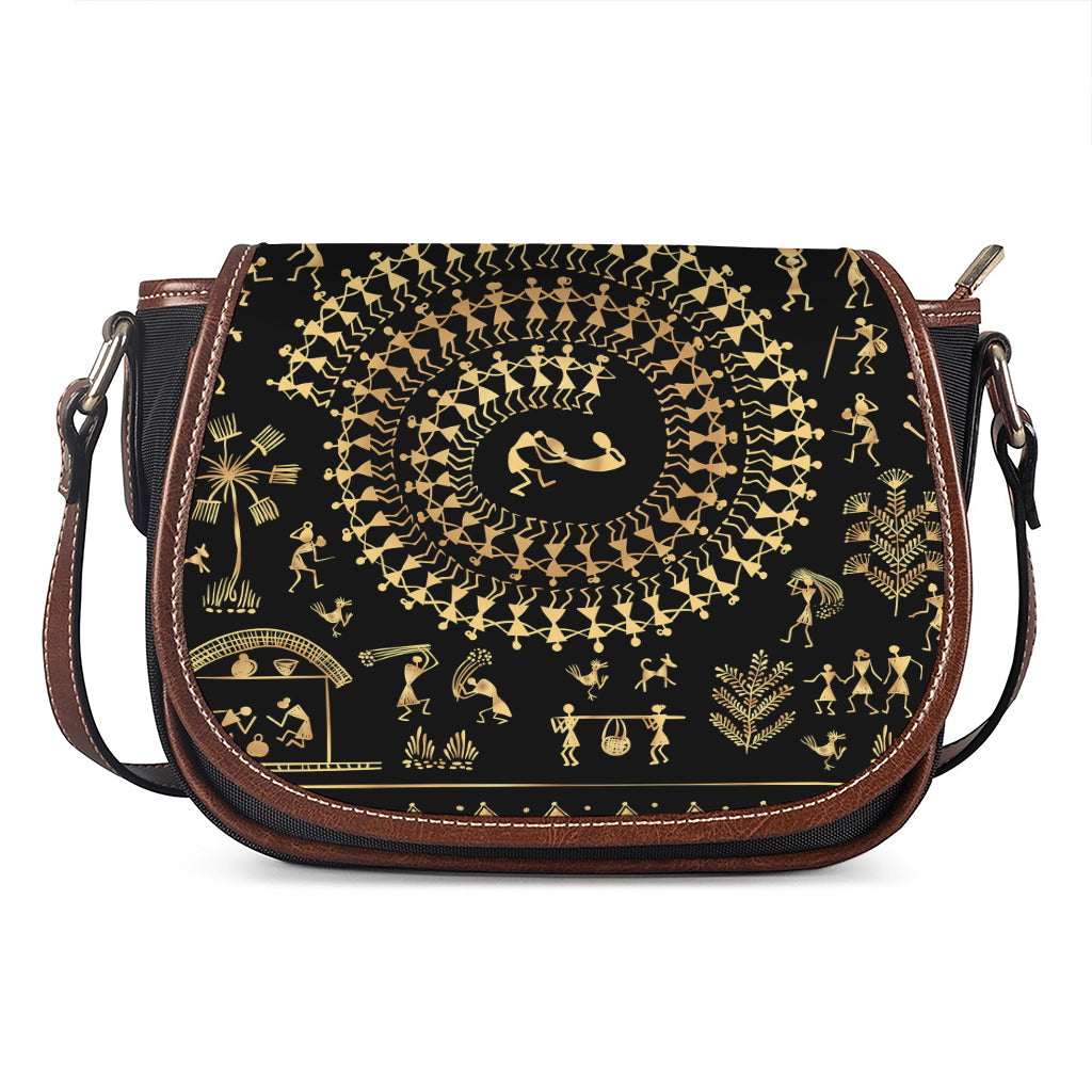 Black And Gold Warli Tribal Print Saddle Bag