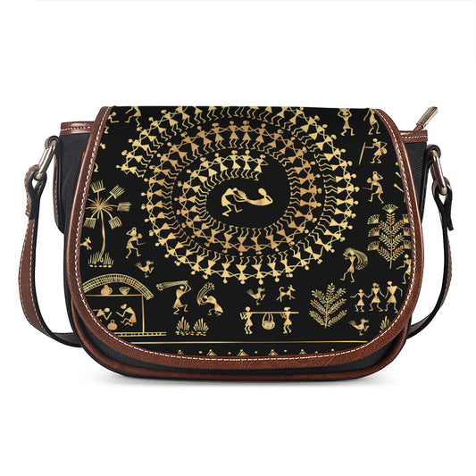 Black And Gold Warli Tribal Print Saddle Bag