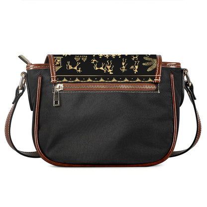Black And Gold Warli Tribal Print Saddle Bag