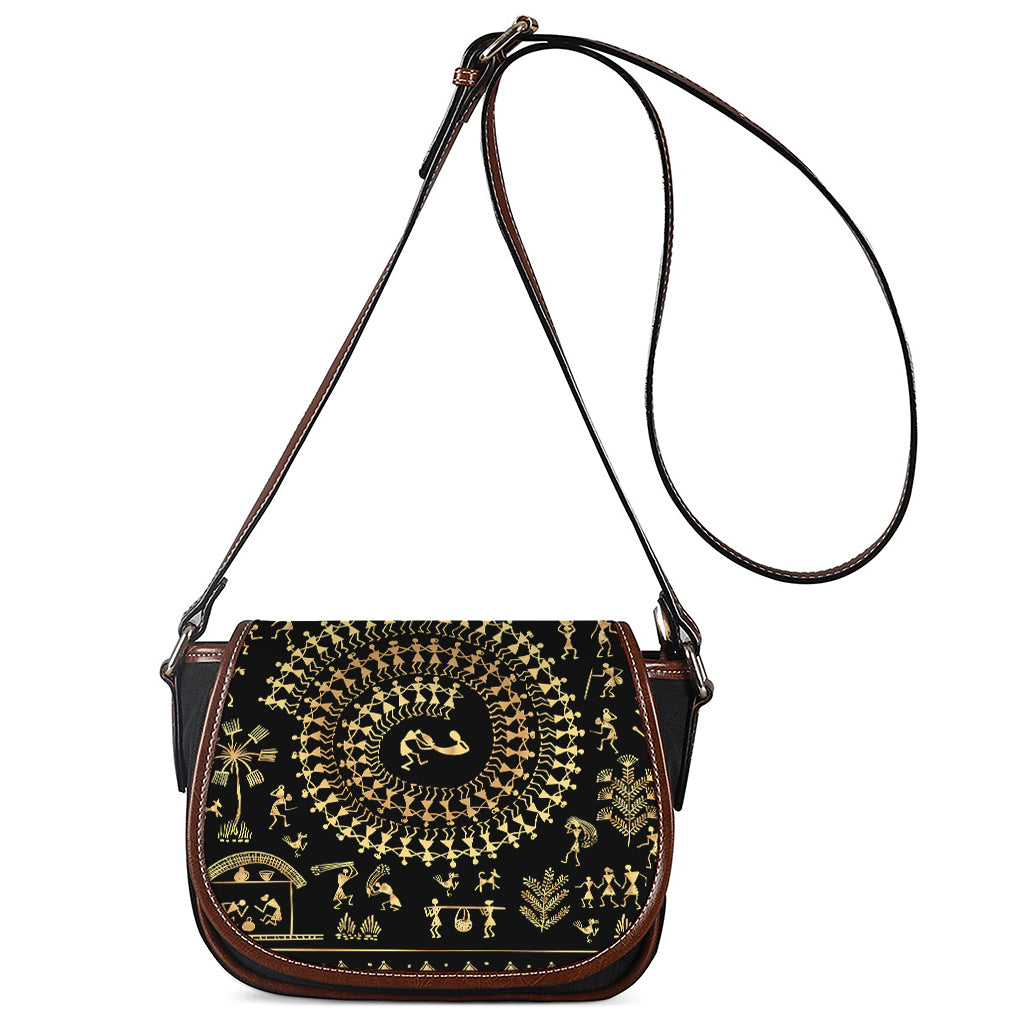Black And Gold Warli Tribal Print Saddle Bag