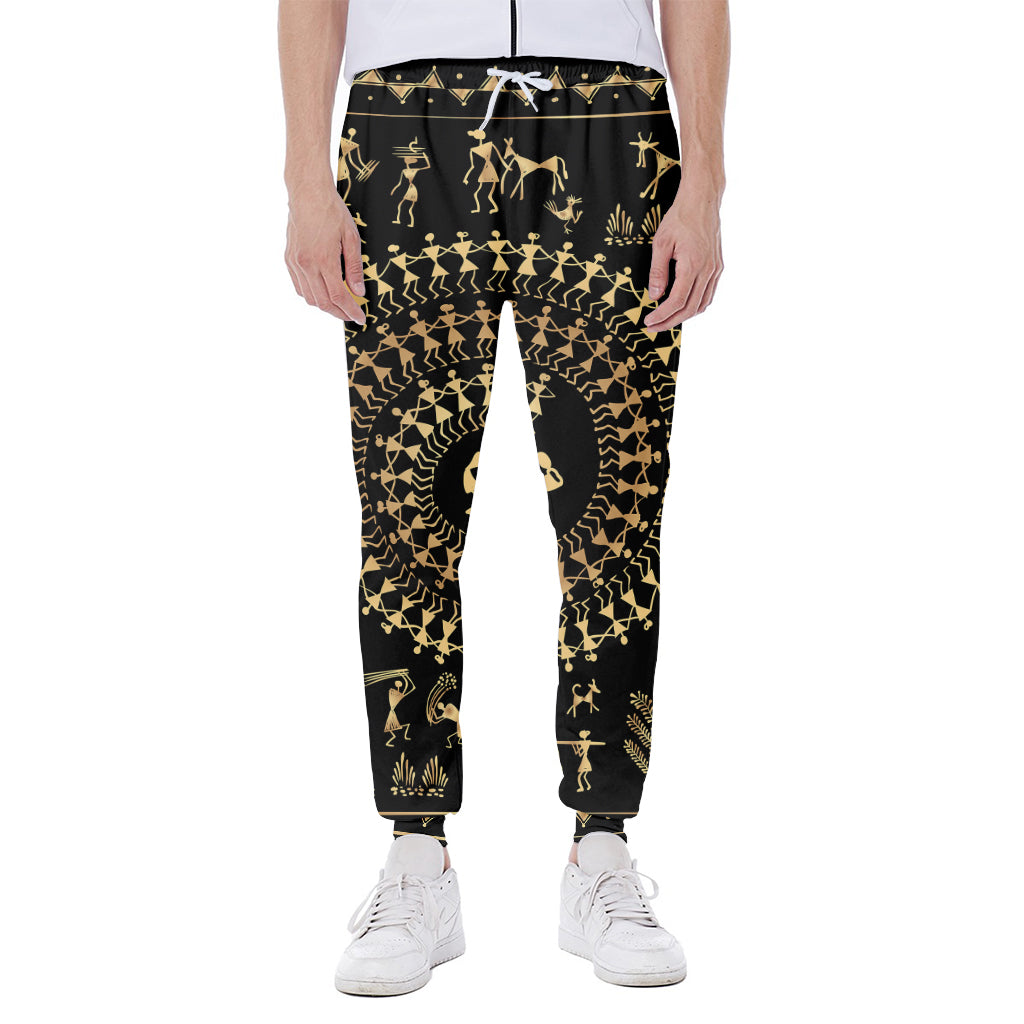 Black And Gold Warli Tribal Print Scuba Joggers