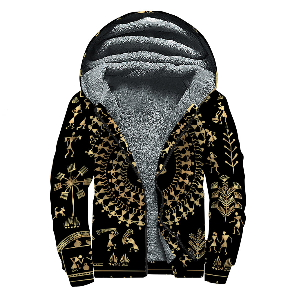 Black And Gold Warli Tribal Print Sherpa Lined Zip Up Hoodie