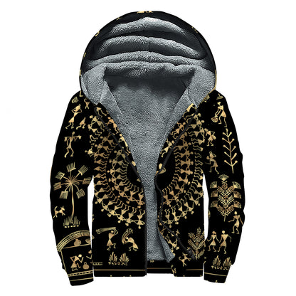 Black And Gold Warli Tribal Print Sherpa Lined Zip Up Hoodie