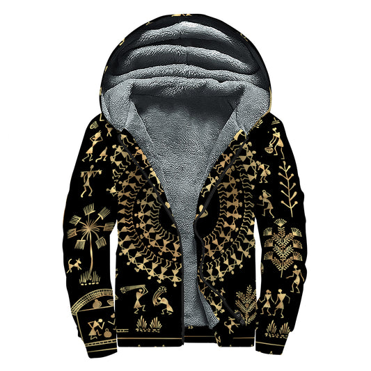 Black And Gold Warli Tribal Print Sherpa Lined Zip Up Hoodie