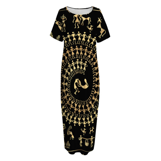 Black And Gold Warli Tribal Print Short Sleeve Long Nightdress