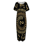 Black And Gold Warli Tribal Print Short Sleeve Long Nightdress