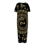 Black And Gold Warli Tribal Print Short Sleeve Long Nightdress
