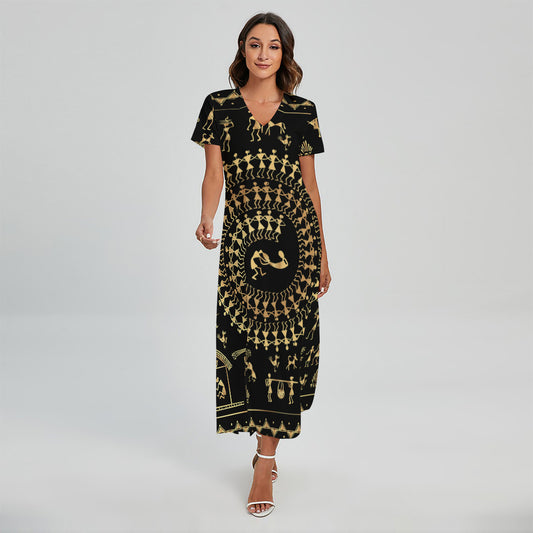 Black And Gold Warli Tribal Print Short Sleeve Maxi Dress