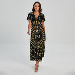Black And Gold Warli Tribal Print Short Sleeve Maxi Dress