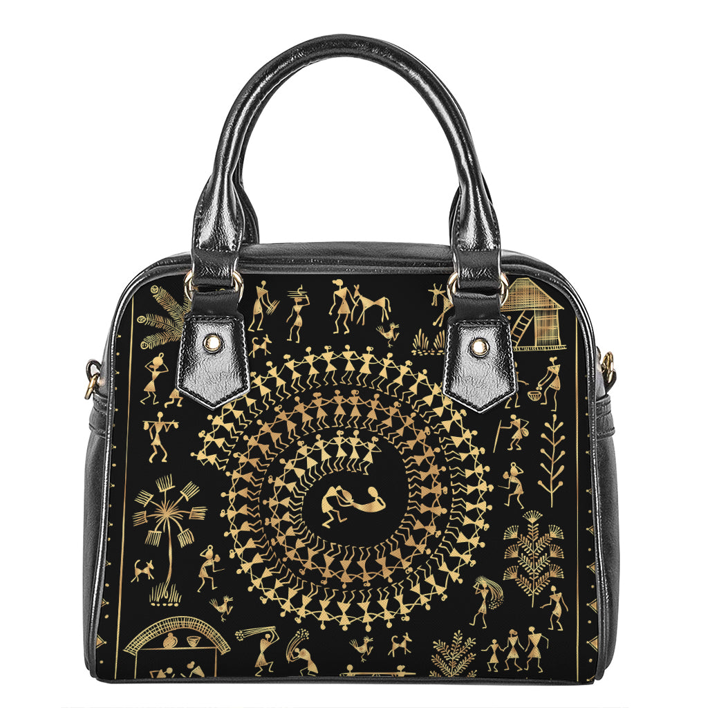 Black And Gold Warli Tribal Print Shoulder Handbag
