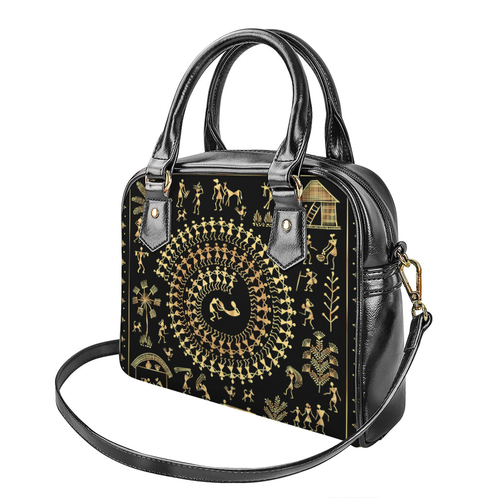 Black And Gold Warli Tribal Print Shoulder Handbag
