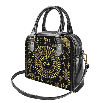 Black And Gold Warli Tribal Print Shoulder Handbag