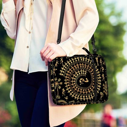 Black And Gold Warli Tribal Print Shoulder Strap Bible Bag