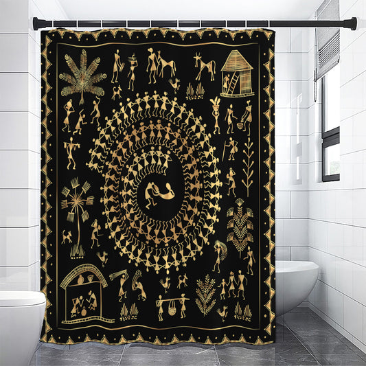 Black And Gold Warli Tribal Print Shower Curtain